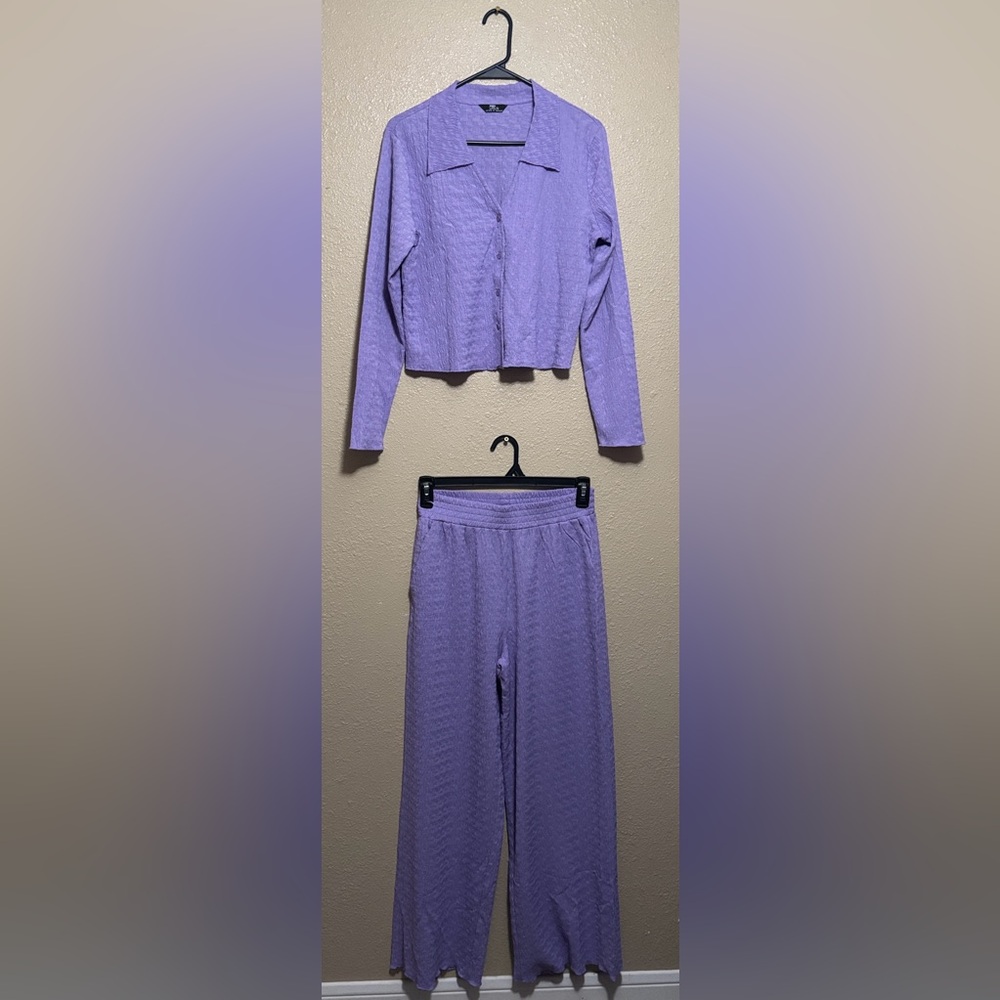 Lavender Textured Two-Piece Shirt and Wide-Leg Pant Set
